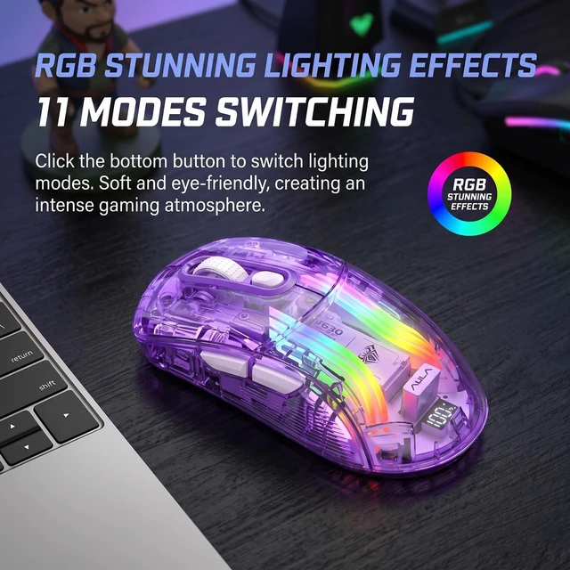 Alt view image 5 of 5 - Attoe Cute Transparent Mouse, Tri-Mode Wireless, RGB Charging Dock, Purple
