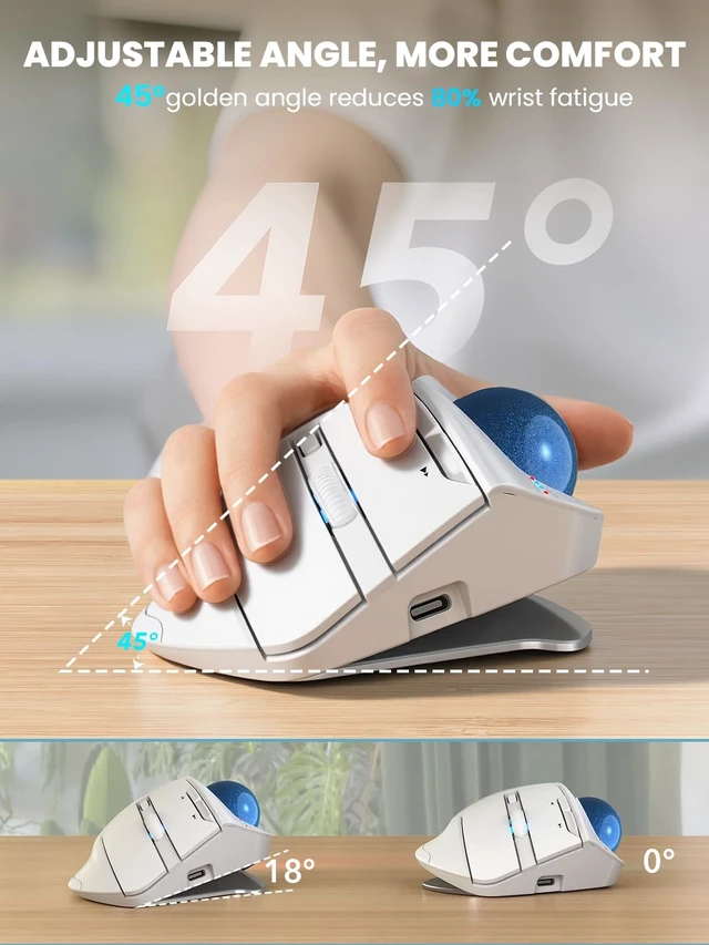 Alt view image 2 of 5 - Wireless Trackball Mouse, Adjustable Angle Rechargeable Backlit-White Mouse