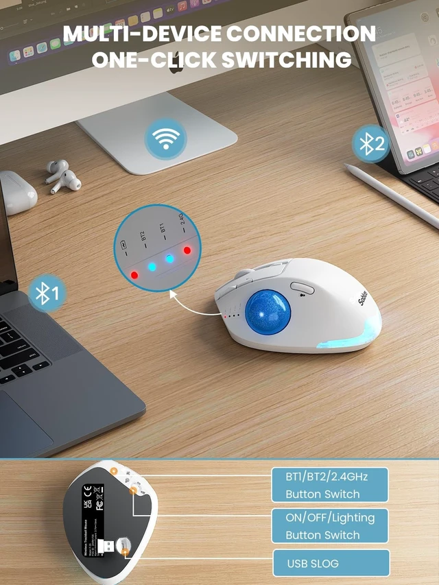 Alt view image 4 of 5 - Wireless Trackball Mouse, Adjustable Angle Rechargeable Backlit-White Mouse