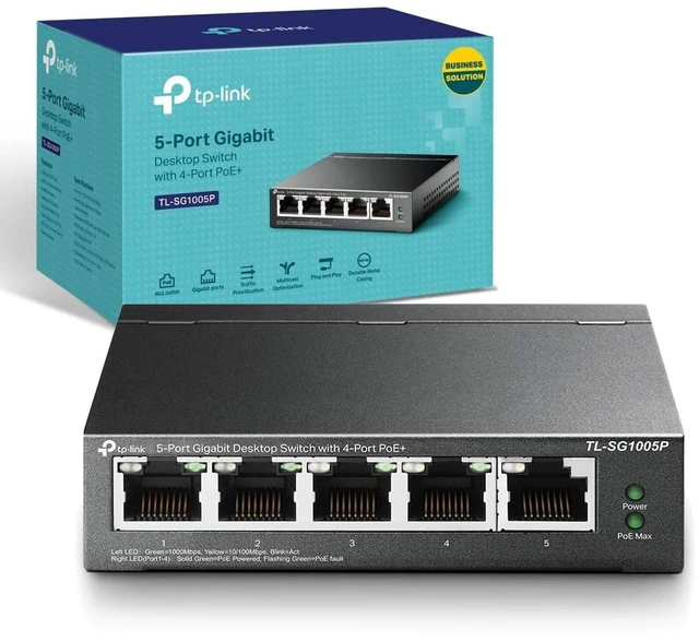 Main image of TP-LINK (TL-SG1005P) 5-Port Gigabit Unmanaged Desktop Switch, 4 Port PoE, Steel Case