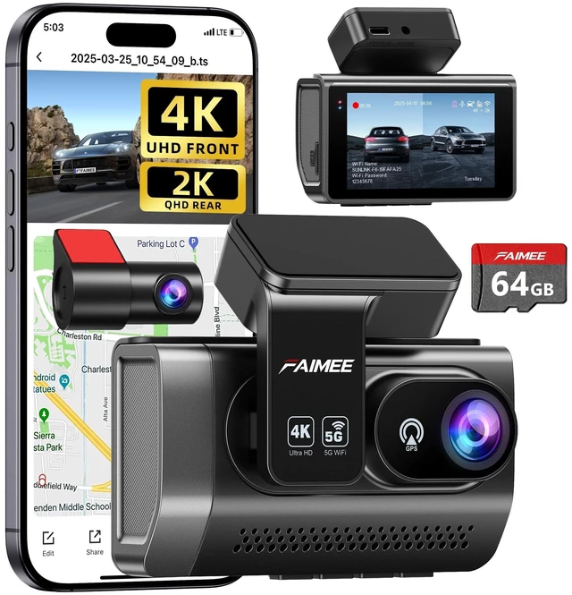 Main image of FAIMEE 4K Dash Cam Front and Rear, Night Vision, WDR, Free Card Included
