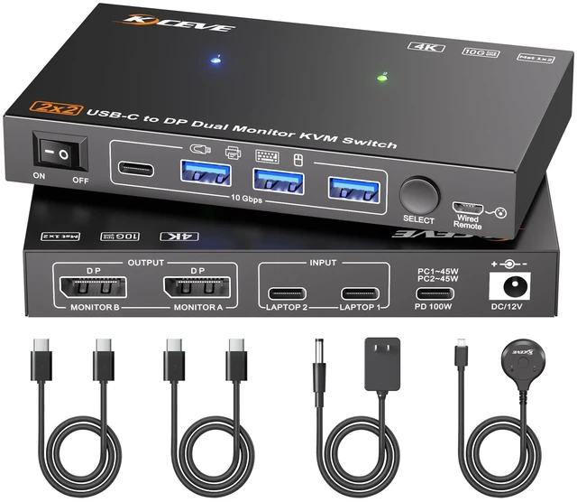 Main image of USB C KVM Switch 2 Monitors 2 Laptops Dual 4K@60Hz External Display Output, MST USB-C Docking Dual Monitor KVM ^^10Gbps USB Transfer, 100W PD Charging, 2 USBC Cable(40Gbps) and Wired Remote Included