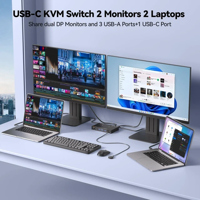 Alt view image 2 of 5 - USB C KVM Switch 2 Monitors 2 Laptops Dual 4K@60Hz External Display Output, MST USB-C Docking Dual Monitor KVM ^^10Gbps USB Transfer, 100W PD Charging, 2 USBC Cable(40Gbps) and Wired Remote Included