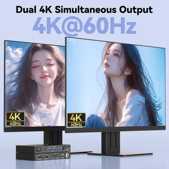 Alt view image 3 of 5 - USB C KVM Switch 2 Monitors 2 Laptops Dual 4K@60Hz External Display Output, MST USB-C Docking Dual Monitor KVM ^^10Gbps USB Transfer, 100W PD Charging, 2 USBC Cable(40Gbps) and Wired Remote Included