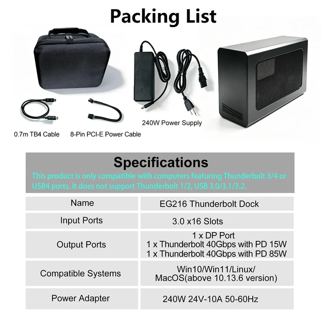 Alt view image 3 of 5 - External GPU Enclosure,Thunderbolt 4/3 & USB4 eGPU Dock with 240W PSU