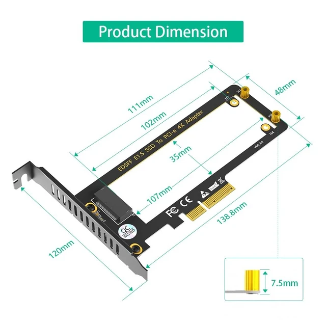 Alt view image 4 of 5 - Mustpoint PCI-E 4.0 4X to NVMe Ruler 1U GEN-Z EDSFF 9.5mm 15mm 25mm Thickness Short SSD E1.S with Heat Sink PM9A3 PM9D3 P5801X Carrier Adapter