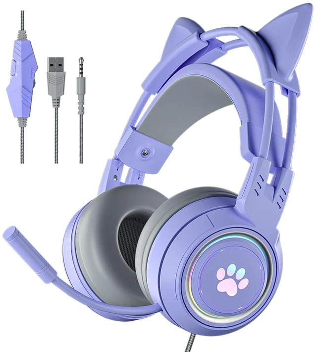 Main image of Xmenha Cat Ear Headphones Purple Gaming Headset with Mic for Switch Xbox One PS4 PS5, Cute Girl Kids Wired Headphones Light up Kawaii Kitty Noise Cancelling Headphones for Gamer PC Laptop