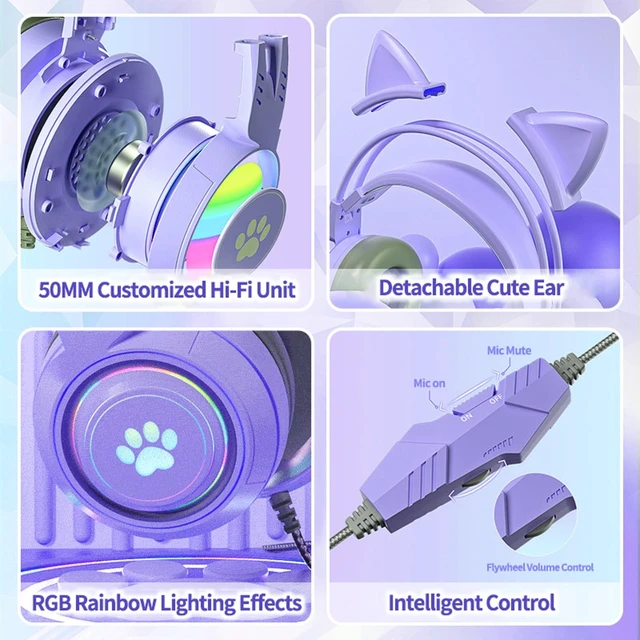 Alt view image 5 of 5 - Xmenha Cat Ear Headphones Purple Gaming Headset with Mic for Switch Xbox One PS4 PS5, Cute Girl Kids Wired Headphones Light up Kawaii Kitty Noise Cancelling Headphones for Gamer PC Laptop