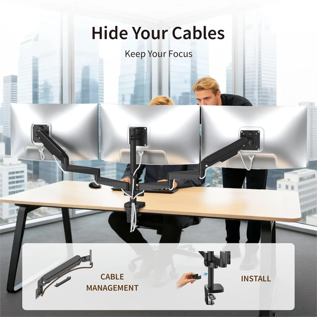 Alt view image 4 of 5 - Triple Monitor Mount for 13-32" Screens, Monitor Stand with Long Arm