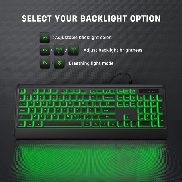 Alt view image 5 of 5 - Luzarriba Backlit Computer Keyboards, Wired USB LED Keyboard with 7 Colors Backlight, Plug and Play, Waterproof, Full Size Quiet Computer Keyboard for Windows Desktop, PC, Laptop, Gaming