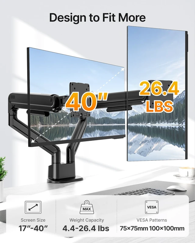 Alt view image 2 of 5 - monTEK Heavy-Duty Dual Monitor Arm, 26.4 lbs, 1740" Full MotionBlack
