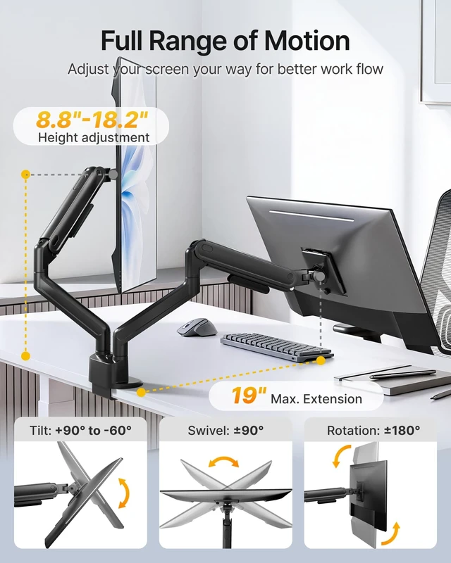 Alt view image 4 of 5 - monTEK Heavy-Duty Dual Monitor Arm, 26.4 lbs, 1740" Full MotionBlack