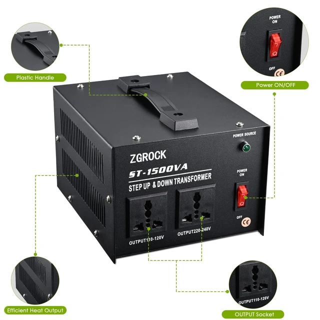 Alt view image 2 of 5 - ZGROCK 1500W Voltage Converter Transformer Heavy Duty Step Up/Down- 110 / 220V- Circuit Breaker Protection