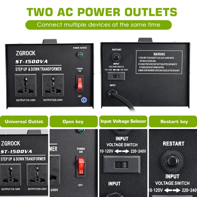 Alt view image 4 of 5 - ZGROCK 1500W Voltage Converter Transformer Heavy Duty Step Up/Down- 110 / 220V- Circuit Breaker Protection