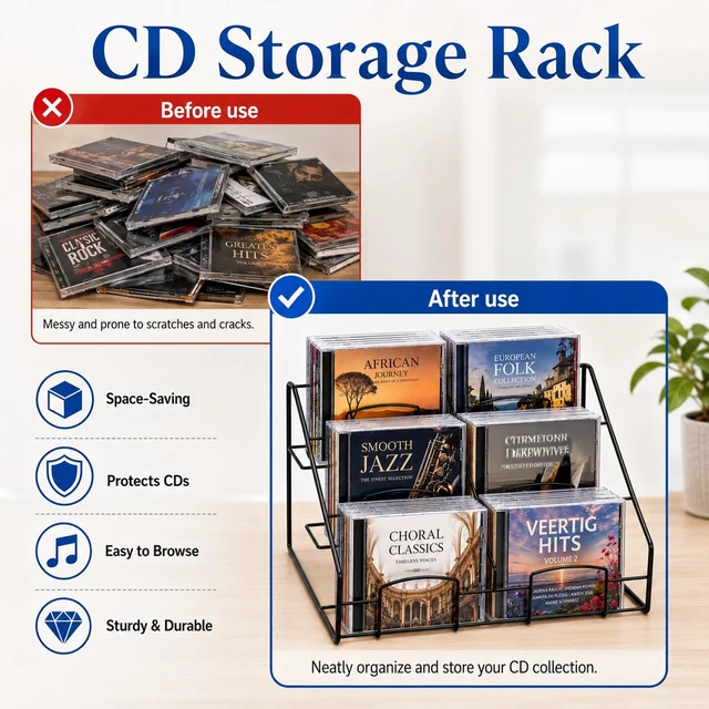 Alt view image 4 of 5 - Frcctre 3-Tier CD Storage Holder, Metal DVD/CD Display Stand Organizer Rack
