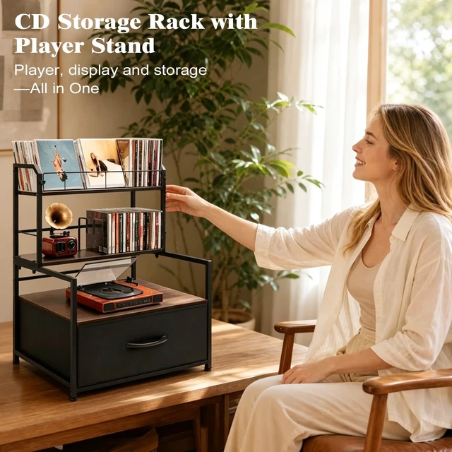 Alt view image 2 of 5 - Xykzra CD Storage Rack with Player Stand, 3-Tier Desktop Media Organizer