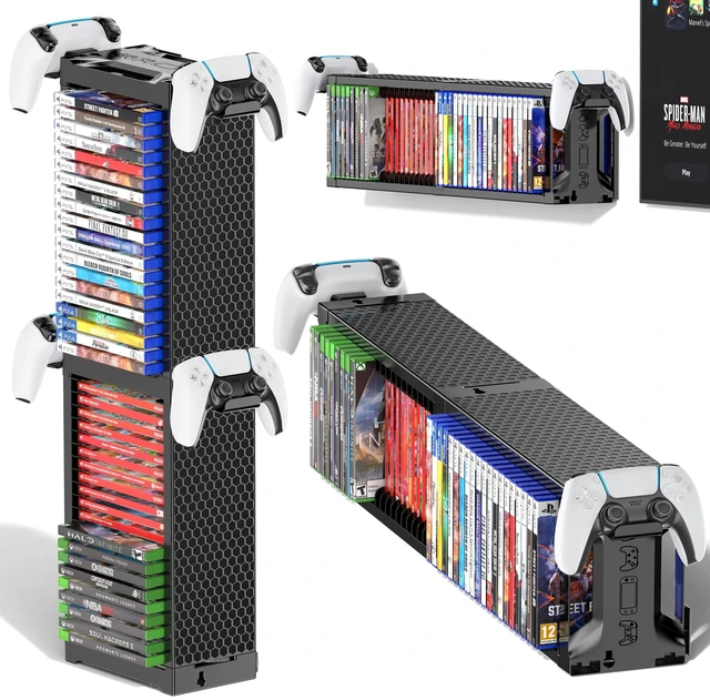 Main image of Video Game Disc Rack Tower Storage Holder Stand Universal for PS5/PS4/XBOX One/Series/NS Game, Game Organizer Shelf Display Stand for Wall Mount/Desk/Floor with Controller Holder Sega Genesis Consoles