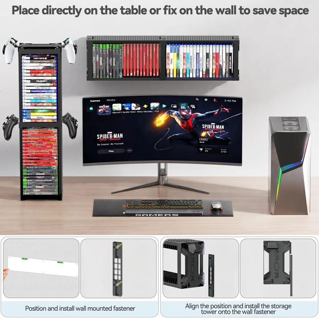 Alt view image 4 of 5 - Video Game Disc Rack Tower Storage Holder Stand Universal for PS5/PS4/XBOX One/Series/NS Game, Game Organizer Shelf Display Stand for Wall Mount/Desk/Floor with Controller Holder Sega Genesis Consoles