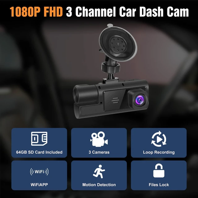 Alt view image 2 of 5 - 1080P FHD 3 Channel Car Dash Cam, Front Rear and Inside Dash Camera with Loop Recording, Motion Detection, Reversing Visual, 170 Wide Angle, 64G Card Included