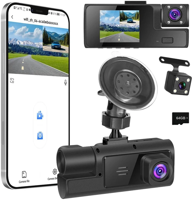 Main image of 1080P FHD 3 Channel Car Dash Cam, Front Rear and Inside Dash Camera with Loop Recording, Motion Detection, Reversing Visual, 170 Wide Angle, 64G Card Included
