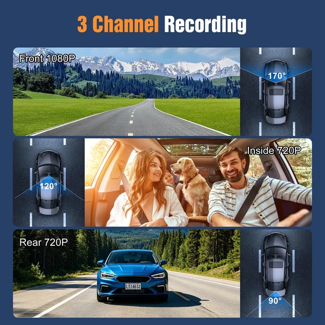 Alt view image 3 of 5 - 1080P FHD 3 Channel Car Dash Cam, Front Rear and Inside Dash Camera with Loop Recording, Motion Detection, Reversing Visual, 170 Wide Angle, 64G Card Included