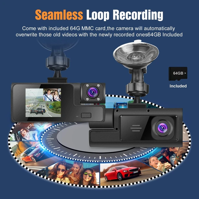 Alt view image 4 of 5 - 1080P FHD 3 Channel Car Dash Cam, Front Rear and Inside Dash Camera with Loop Recording, Motion Detection, Reversing Visual, 170 Wide Angle, 64G Card Included