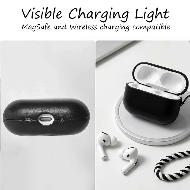 Alt view image 3 of 5 - Melnkoc for AirPods Pro 3 Genuine Leather CaseAll-Round ShockproofMulti Leather, Frame+Hide Patented Dual LayerWireless Charging ReadyLED Visiblewith Lanyard (Black, Waxed Leather)