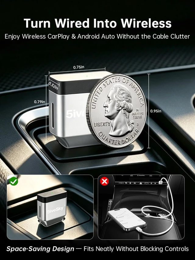Alt view image 2 of 5 - 5iveSky Wireless CarPlay Adapter for iPhone, Wireless Android Auto Adapter for Factory Wired Systems, Auto Reconnect, WiFi 6 & Bluetooth 5.3, Plug and Play CarPlay Adapter for SUV Truck
