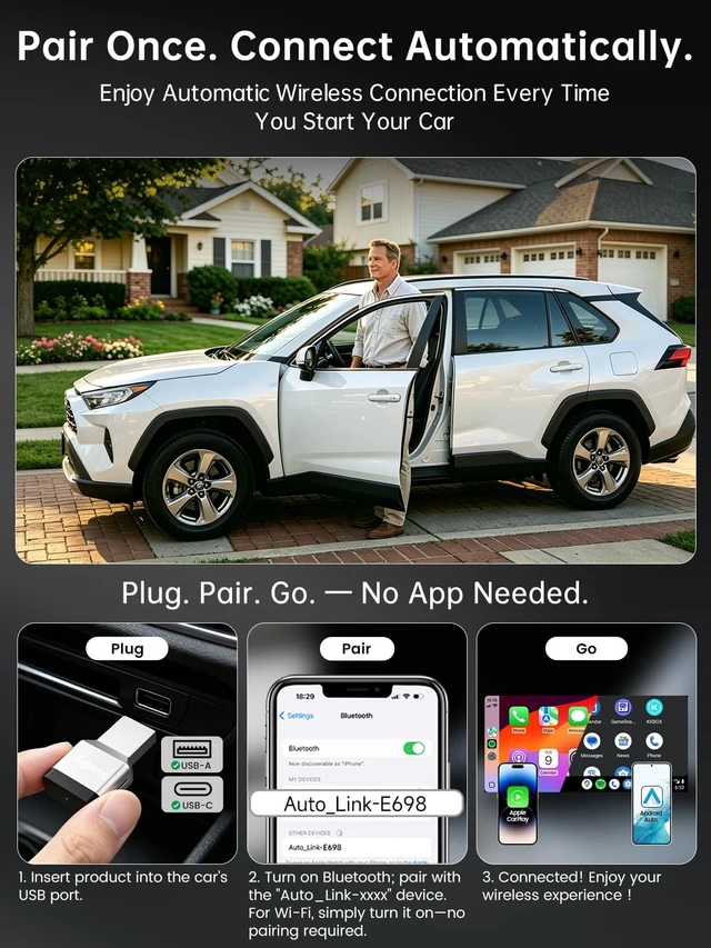 Alt view image 3 of 5 - 5iveSky Wireless CarPlay Adapter for iPhone, Wireless Android Auto Adapter for Factory Wired Systems, Auto Reconnect, WiFi 6 & Bluetooth 5.3, Plug and Play CarPlay Adapter for SUV Truck