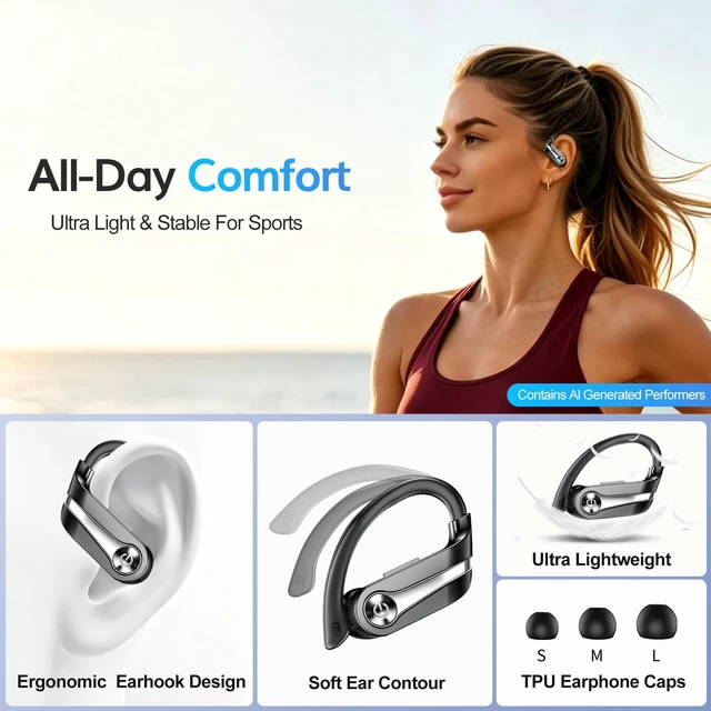 Alt view image 2 of 5 - KYIOUA Wireless Sport Earbuds with Over-Ear Earhooks, Bluetooth Headphones