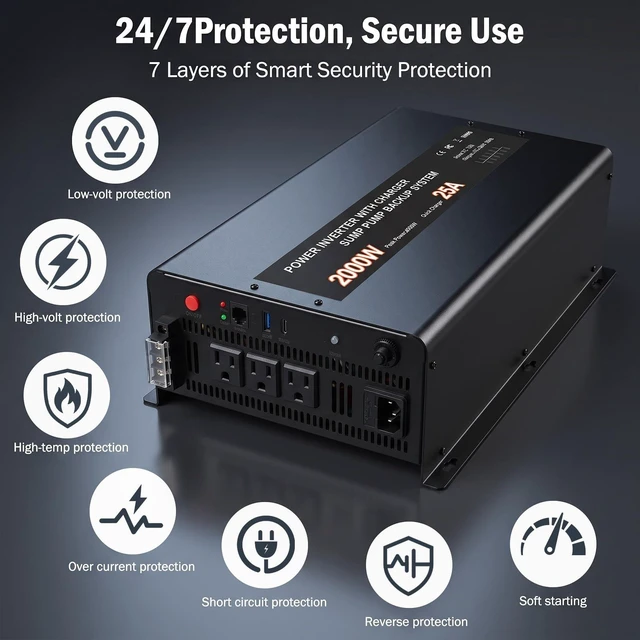 Alt view image 3 of 5 - Sump Pump Battery Backup System, 2000W Pure Sine Wave Inverter with Remote Control & LCD Screen, Auto Switches to Battery Power, for Basement Flood Protection & Power Outage Emergency