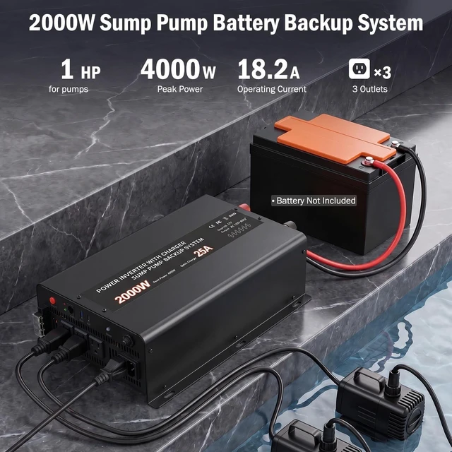 Alt view image 5 of 5 - Sump Pump Battery Backup System, 2000W Pure Sine Wave Inverter with Remote Control & LCD Screen, Auto Switches to Battery Power, for Basement Flood Protection & Power Outage Emergency