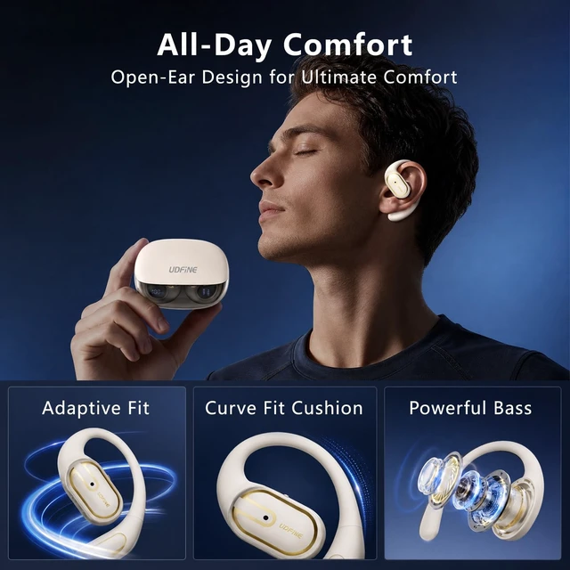 Alt view image 2 of 5 - Open-Ear Headphones, Adjustable Ear Hooks, Ultra-Comfort, Snug Fit, Powerful Sound, Clear Calls, IPX6, 40H Playtime, Bluetooth 5.4 Wireless Earbuds, Multipoint Connection,Udfine OpenFit (Cream