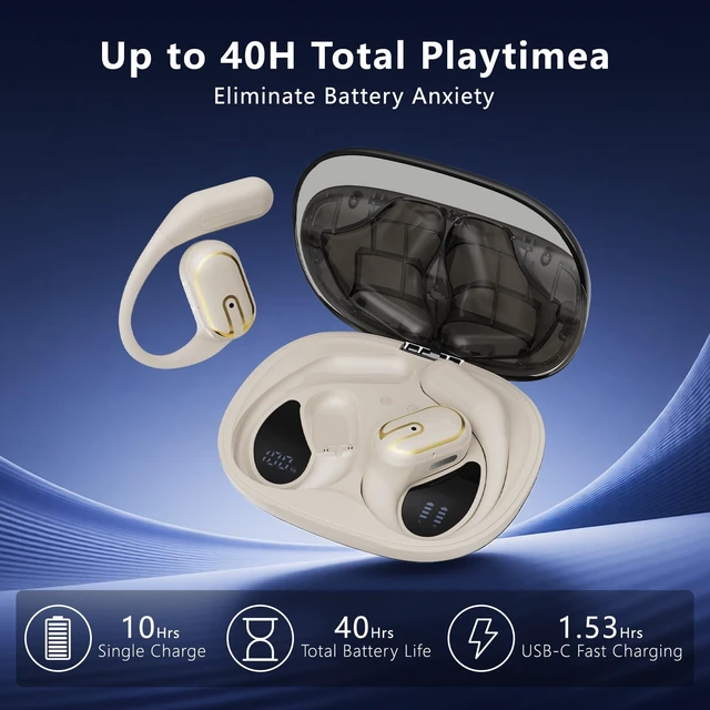Alt view image 3 of 5 - Open-Ear Headphones, Adjustable Ear Hooks, Ultra-Comfort, Snug Fit, Powerful Sound, Clear Calls, IPX6, 40H Playtime, Bluetooth 5.4 Wireless Earbuds, Multipoint Connection,Udfine OpenFit (Cream