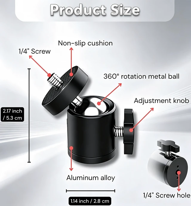 Alt view image 3 of 5 - 3 Pack Upgrade Universal 1/4" Mini Ball Head Screw Tripod Mount
