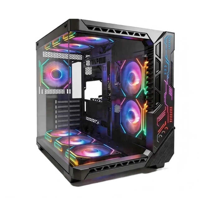 Main image of SZSKYING Mid-Tower Gaming ATX PC Case, 9 ARGB Fans with Remote, Tempered Glass, 360mm Radiator, Type-C, Black.