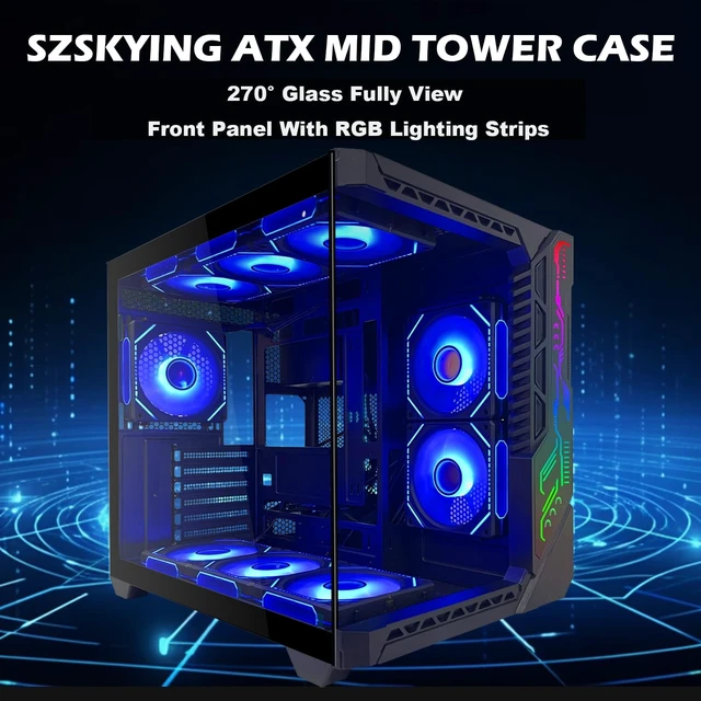 Alt view image 2 of 5 - SZSKYING Mid-Tower Gaming ATX PC Case, 9 ARGB Fans with Remote, Tempered Glass, 360mm Radiator, Type-C, Black.