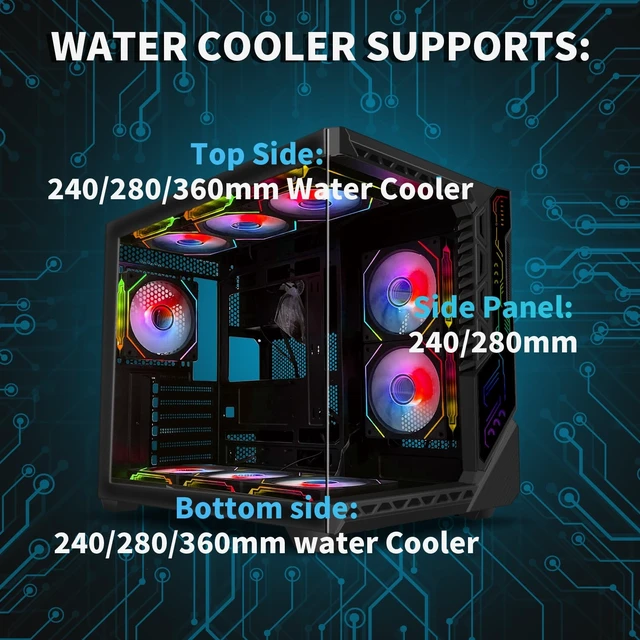 Alt view image 3 of 5 - SZSKYING Mid-Tower Gaming ATX PC Case, 9 ARGB Fans with Remote, Tempered Glass, 360mm Radiator, Type-C, Black.