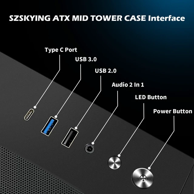 Alt view image 4 of 5 - SZSKYING Mid-Tower Gaming ATX PC Case, 9 ARGB Fans with Remote, Tempered Glass, 360mm Radiator, Type-C, Black.