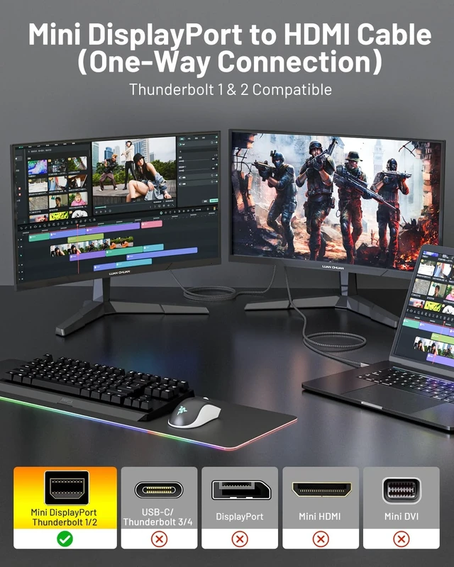 Alt view image 5 of 5 - 8K Mini DisplayPort to HDMI 2.1 Cable 10ft, Unidirectional,8K@60Hz 4K@240Hz