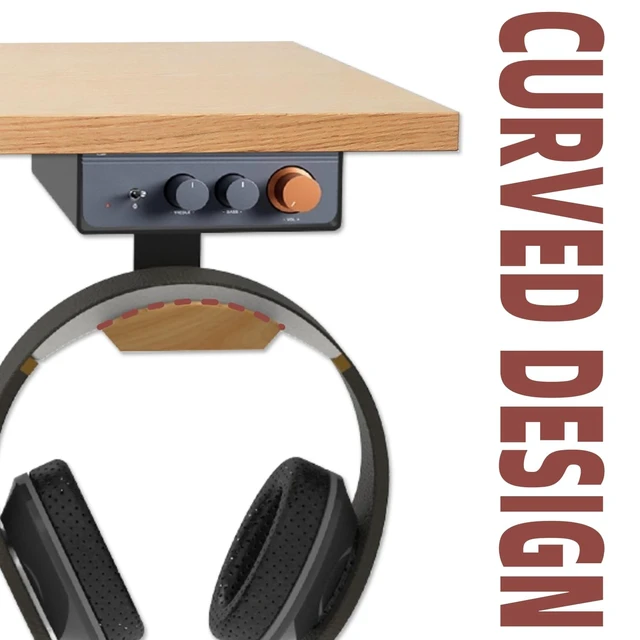 Alt view image 4 of 5 - Pyswex Under Desk Mount for Fosi Audio BT20A Pro with Walnut Wood Headphone Hanger, Metal Amplifier Bracket Shelf for Compact Stereo Amp, Desk Organizer Holder, Black