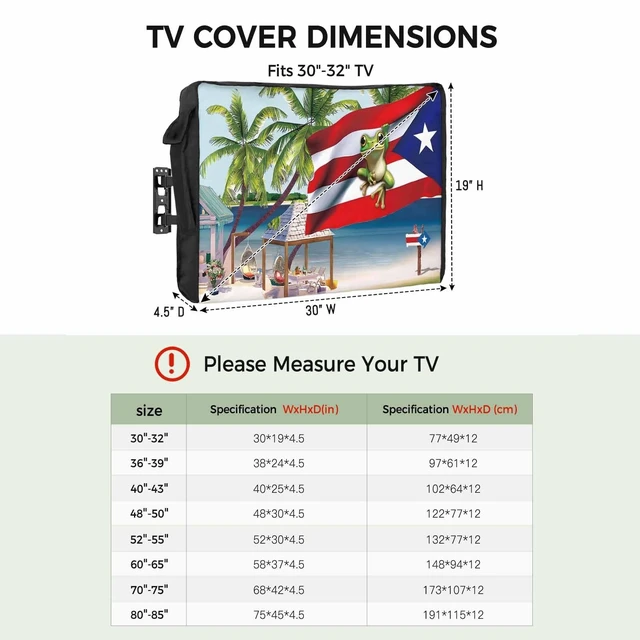 Alt view image 2 of 5 - Puerto Rico Outdoor TV Cover 40 to 43 inch Weatherproof Waterproof, Flag Frog Red White Stripes Beach Palm Trees TV Enclosures with Remote Control Pocket Flat Screen Protector for Outside