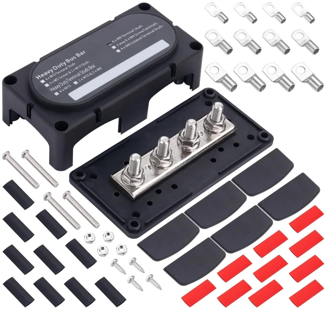 Main image of 300A Heavy Duty Module Bus BAR 12V 24V 48V DC Power Distribution Block with 4 x 5/16" (M8) Studs, Gift 12pcs Cable Lugs and 20pcs Heat Shrink Tubing - Marine Bus Bar (Black-)