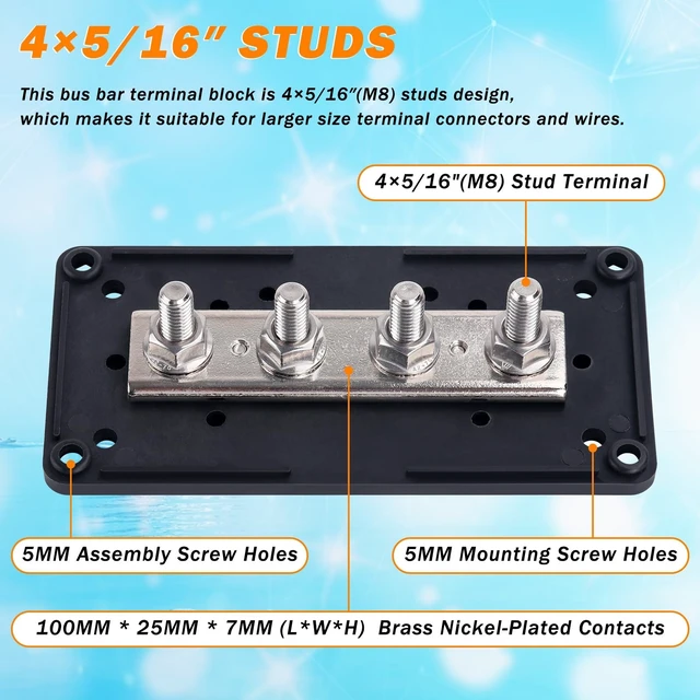 Alt view image 3 of 5 - 300A Heavy Duty Module Bus BAR 12V 24V 48V DC Power Distribution Block with 4 x 5/16" (M8) Studs, Gift 12pcs Cable Lugs and 20pcs Heat Shrink Tubing - Marine Bus Bar (Black-)