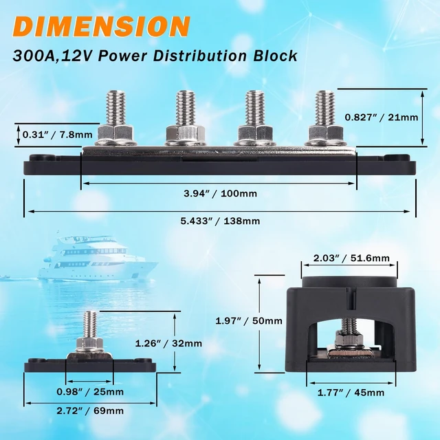 Alt view image 2 of 5 - 300A Heavy Duty Module Bus BAR 12V 24V 48V DC Power Distribution Block with 4 x 5/16" (M8) Studs, Gift 12pcs Cable Lugs and 20pcs Heat Shrink Tubing - Marine Bus Bar (Black-)
