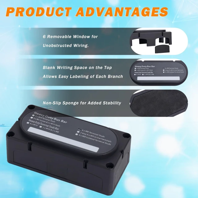 Alt view image 4 of 5 - 300A Heavy Duty Module Bus BAR 12V 24V 48V DC Power Distribution Block with 4 x 5/16" (M8) Studs, Gift 12pcs Cable Lugs and 20pcs Heat Shrink Tubing - Marine Bus Bar (Black-)
