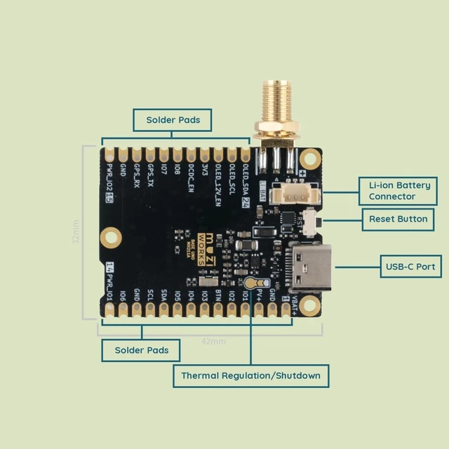 Alt view image 3 of 5 - muzi Base Uno Meshtastic Kit, nRF52840 SX1262 LoRa Development Board with 1500mAh Lipo Battery, USB-C, QWIIC, Support Solar and LiFePO4