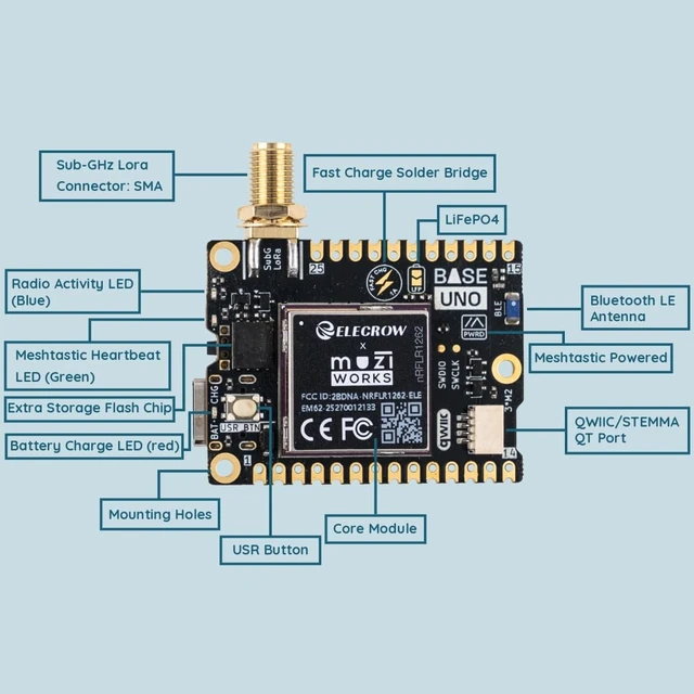 Alt view image 2 of 5 - muzi Base Uno Meshtastic Kit, nRF52840 SX1262 LoRa Development Board with 1500mAh Lipo Battery, USB-C, QWIIC, Support Solar and LiFePO4