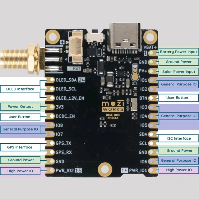 Alt view image 4 of 5 - muzi Base Uno Meshtastic Kit, nRF52840 SX1262 LoRa Development Board with 1500mAh Lipo Battery, USB-C, QWIIC, Support Solar and LiFePO4