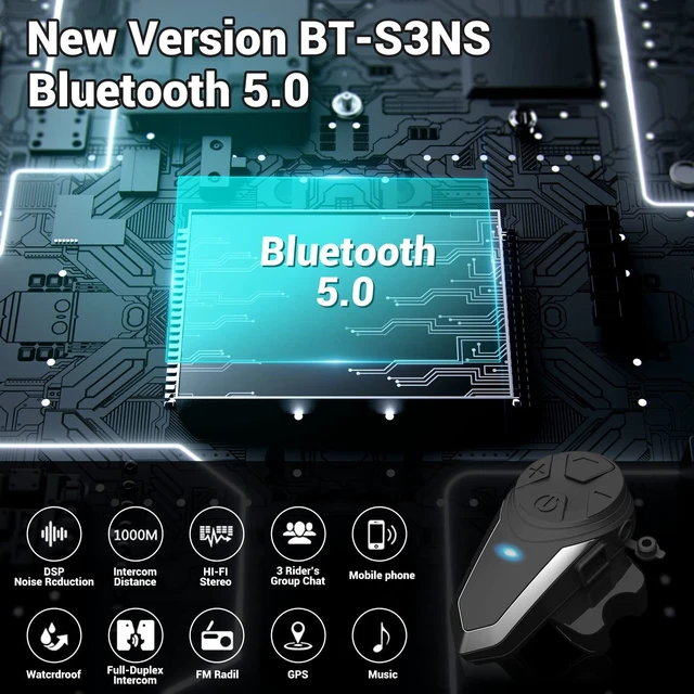 Alt view image 2 of 5 - Yaconob Motorcycle Bluetooth Headset BT-S3NS 1000m Motorcycle Helmet Bluetooth Radio Intercom Wireless Interphone to 2-3 Riders (Waterproof/Handsfree/Stereo Music/FM Radio/GPS/MP3 (1 Pack)